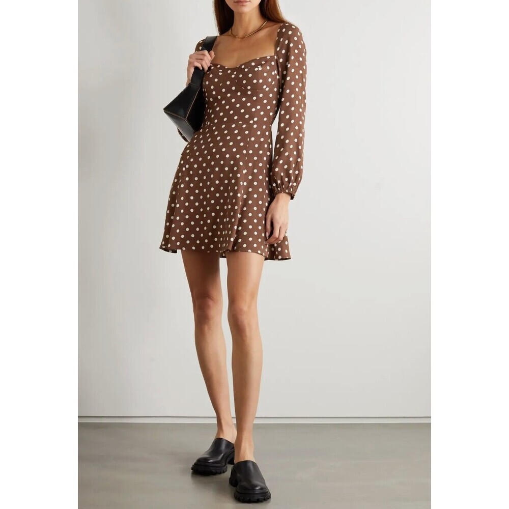 Reformation Mochi Polka Dot Mini Dress Long Sleeve Brown Size 2